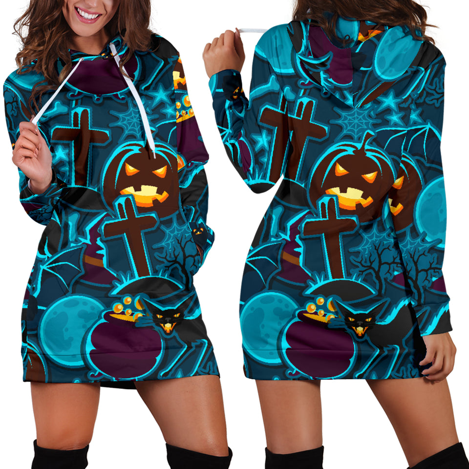 Halloween Pumpkin Cat Pattern Women Hoodie Dress