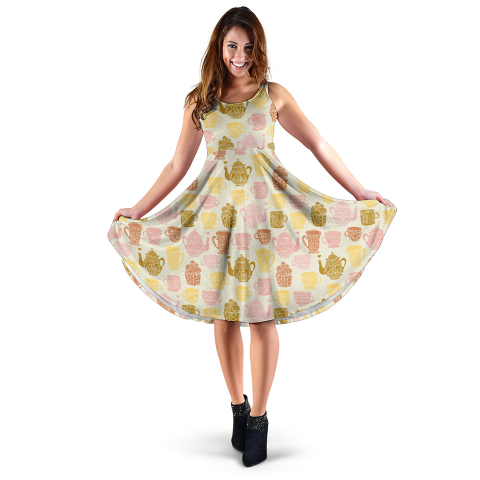 Tea pots Pattern Print Design 02 Sleeveless Midi Dress