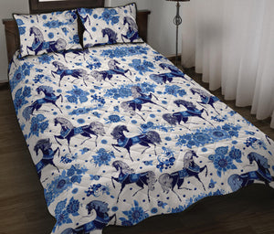 Horse Flower Blue Theme Pattern Quilt Bed Set