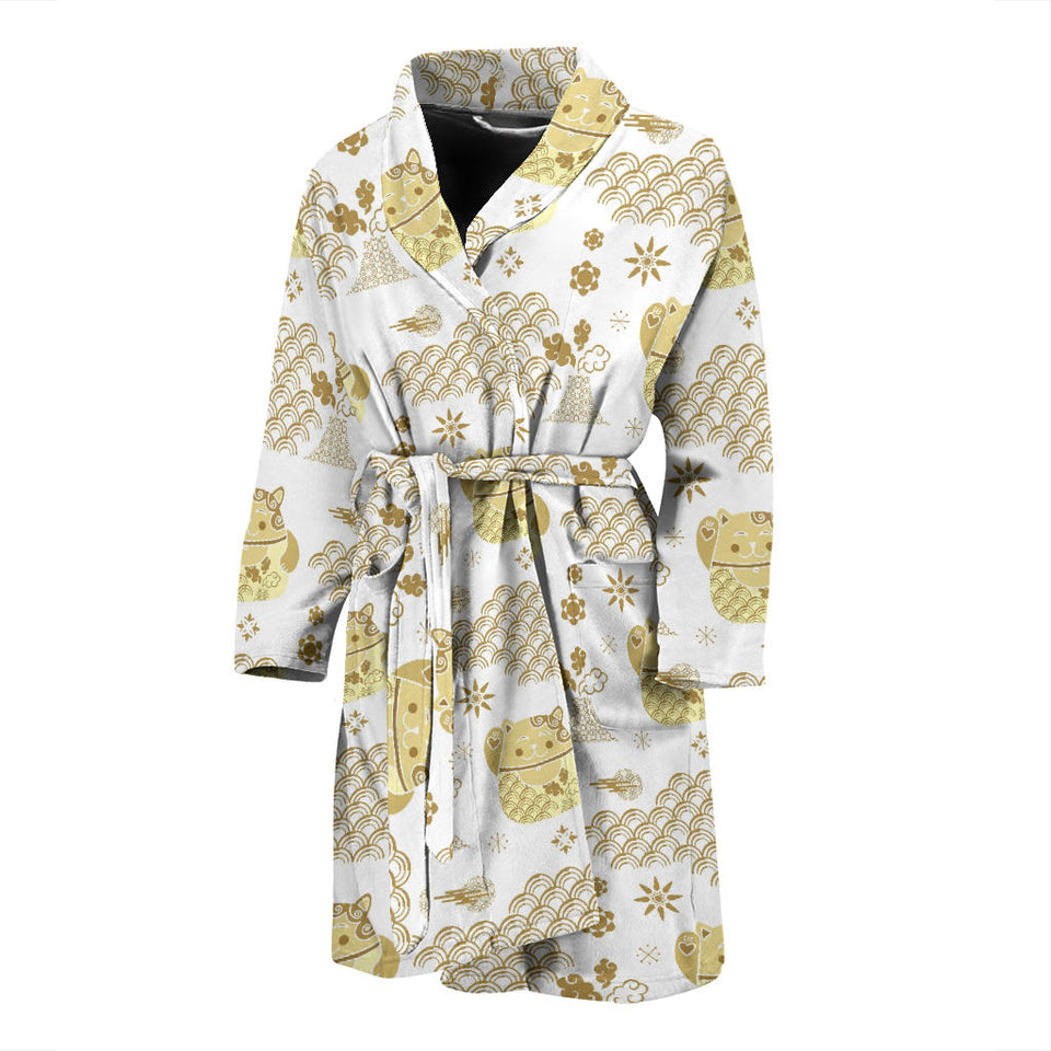 Gold Meneki Neko Lucky Cat Pattern Men Bathrobe