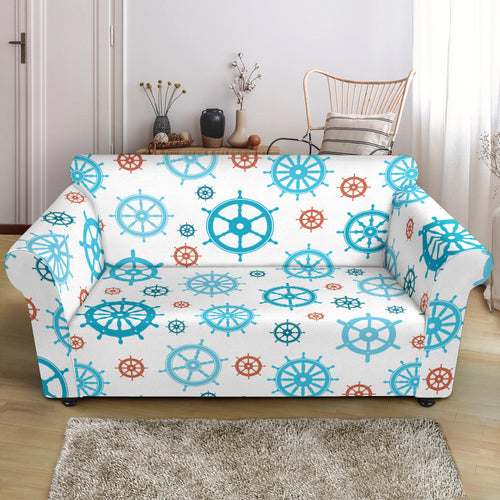 Nautical Steering Wheel Rudder Pattern Background Loveseat Couch Slipcover