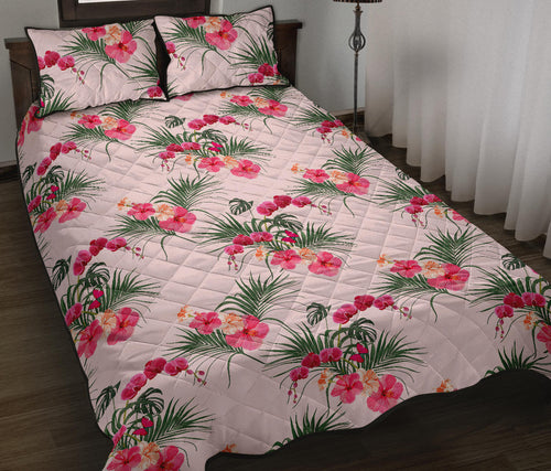 Red Pink Orchid Hibiscus Pattern Quilt Bed Set