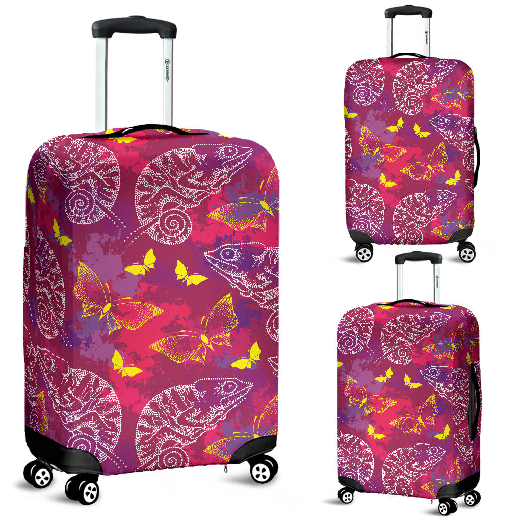 Pink Chameleon Lizard Butterfly Pattern Luggage Covers