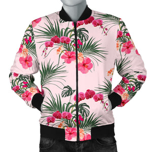 Red Pink Orchid Hibiscus Pattern Men Bomber Jacket