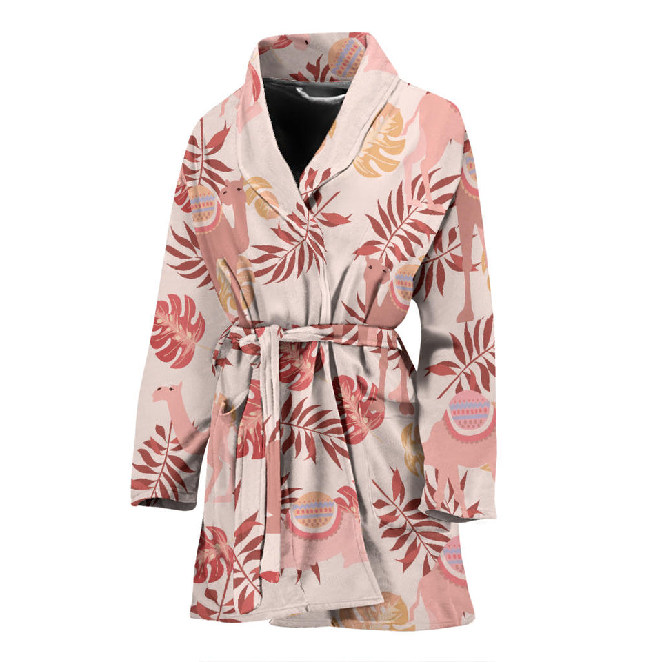 Pink Camel Leaves Pattern Women Bathrobe