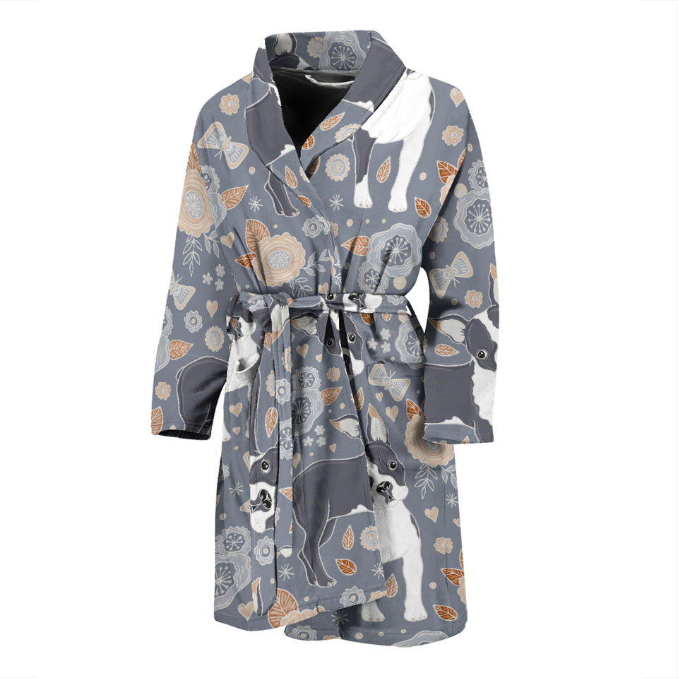 Boston Terrier Flower Pattern Gray Background Men Bathrobe