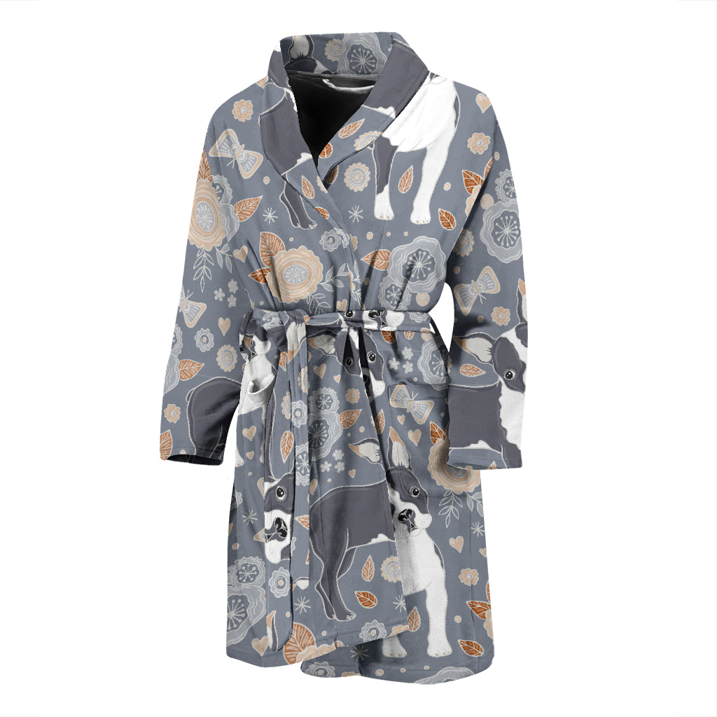 Boston Terrier Flower Pattern Gray Background Men Bathrobe