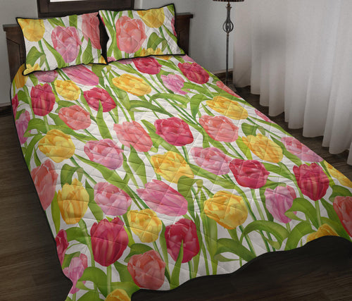 Pink Red Yellow Tulip Pattern Quilt Bed Set