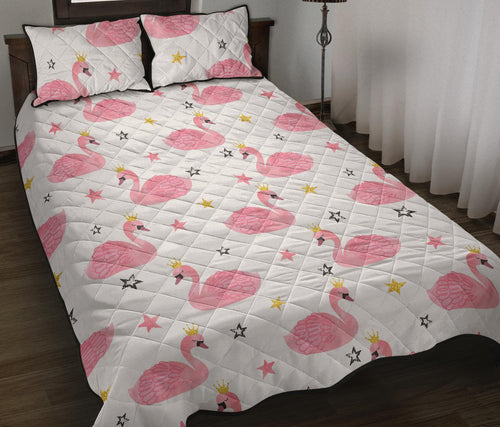 Pink Swan Pattern Quilt Bed Set