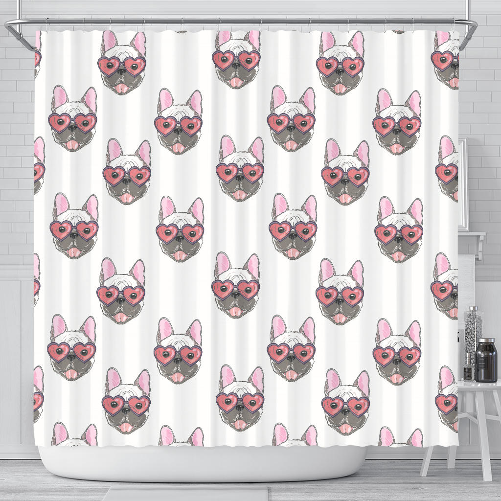 French Bulldog Heart Sunglass Pattern Shower Curtain Fulfilled In US