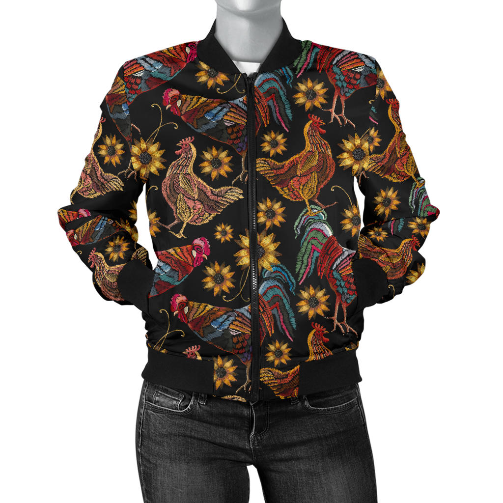 Rooster Chicken Flower Pattern Women Bomber Jacket
