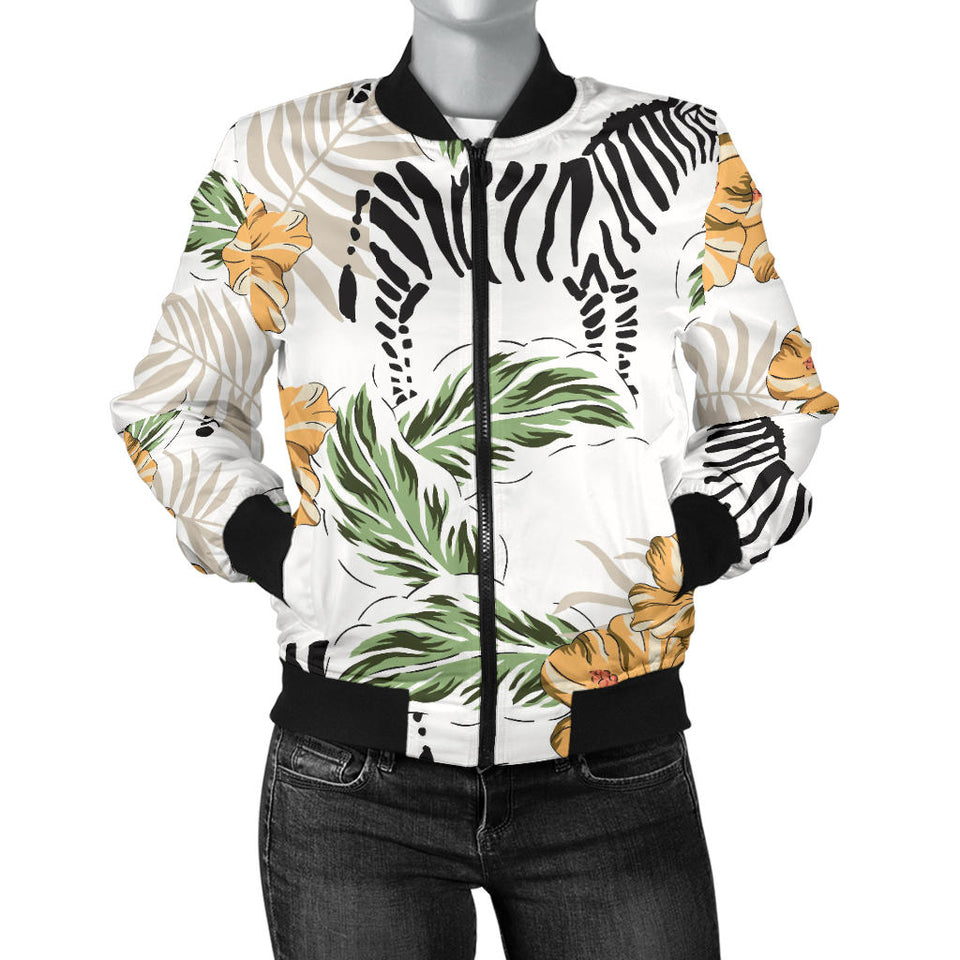 Zebra Hibiscus Pattern Women Bomber Jacket