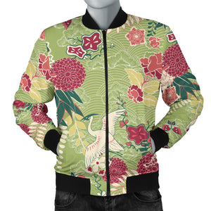 Japanese Crane Green Theme Pattern Men Bomber Jacket