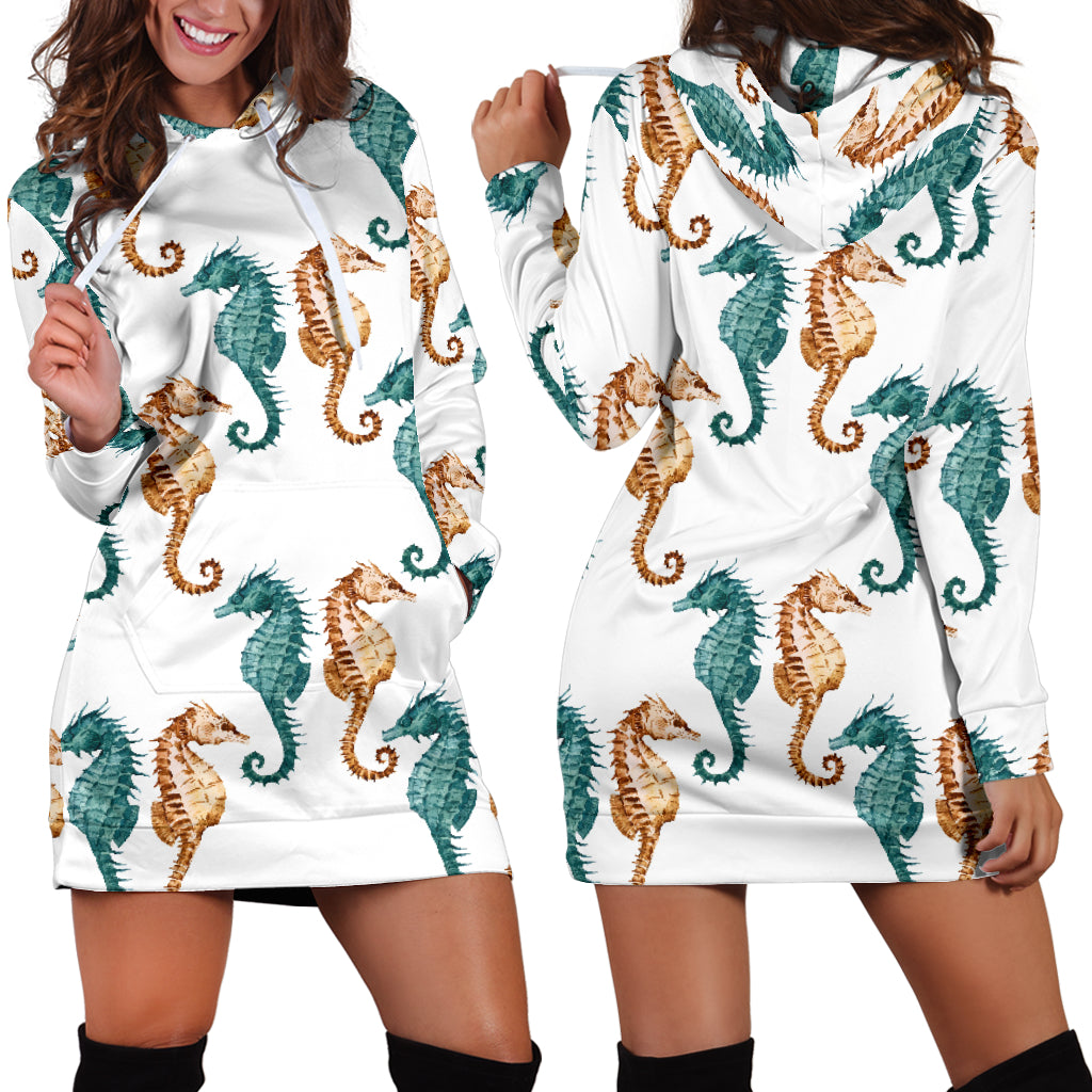 Seahorse Pattern Background Women Hoodie Dress