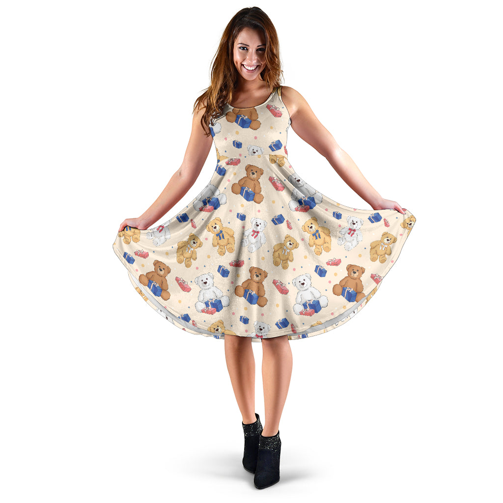 Teddy Bear Pattern Print Design 01 Sleeveless Midi Dress