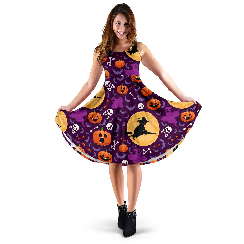 Halloween Pumpkin Witch Pattern Sleeveless Midi Dress