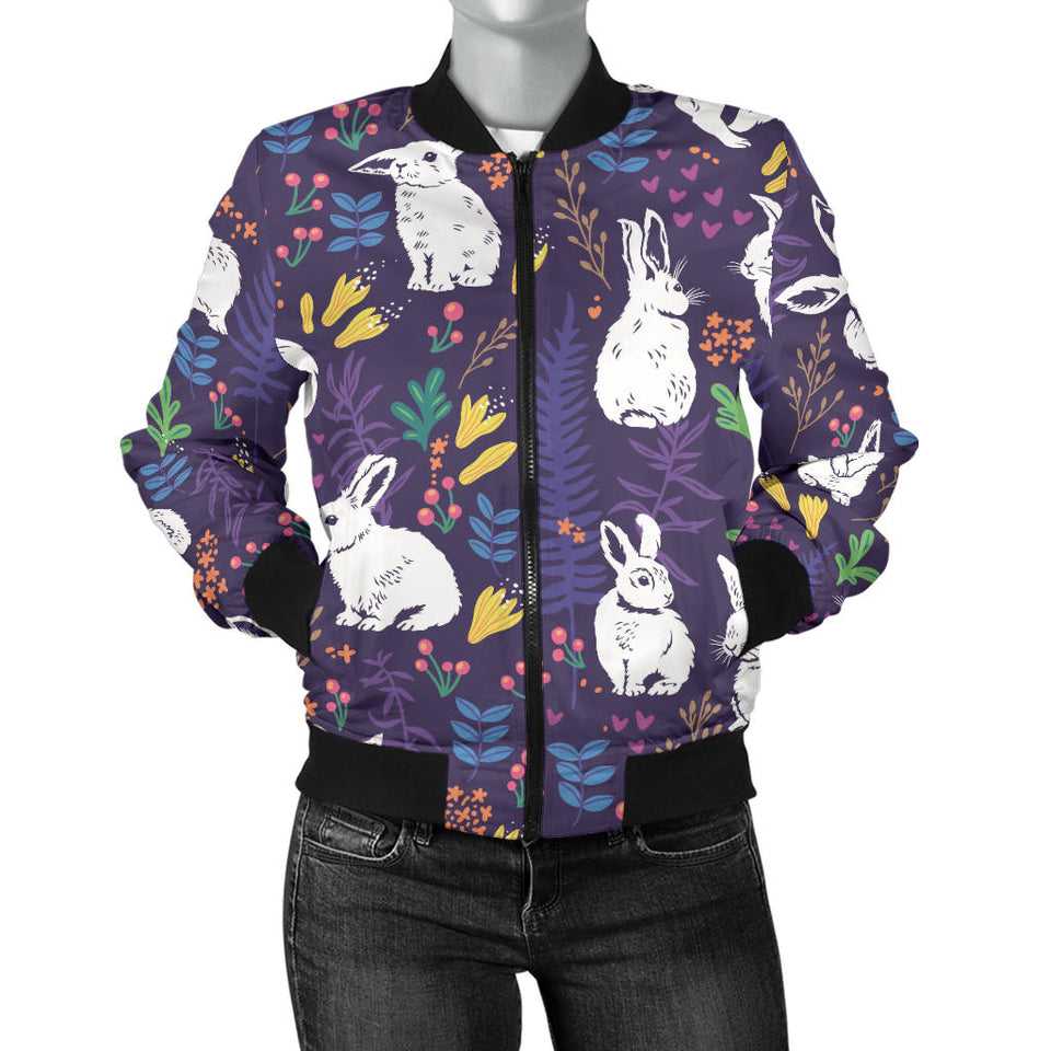 Rabbit Leaves Pattern Women Bomber Jacket