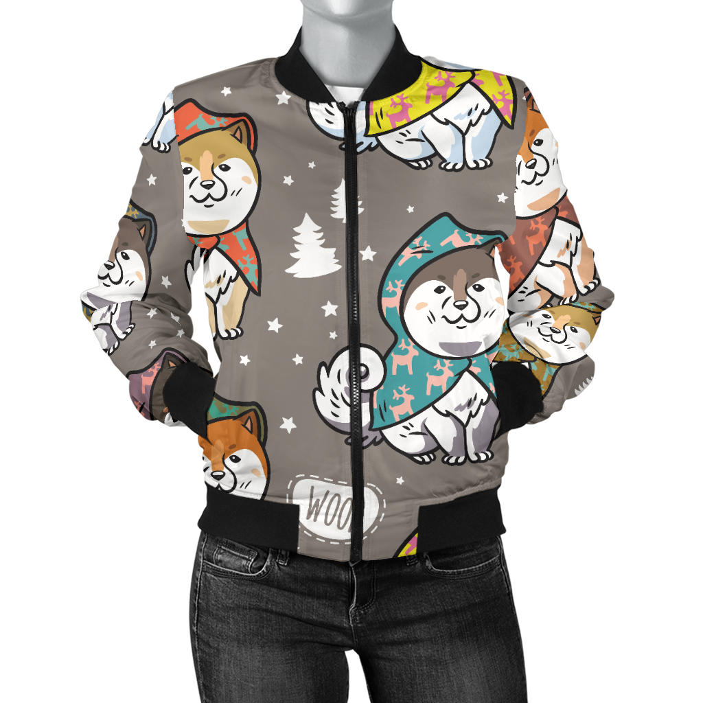 Cute Siberian Husky Raincoat Pattern Women Bomber Jacket