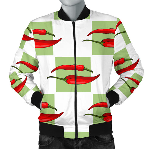 Red Chili Pattern Green White background Men Bomber Jacket