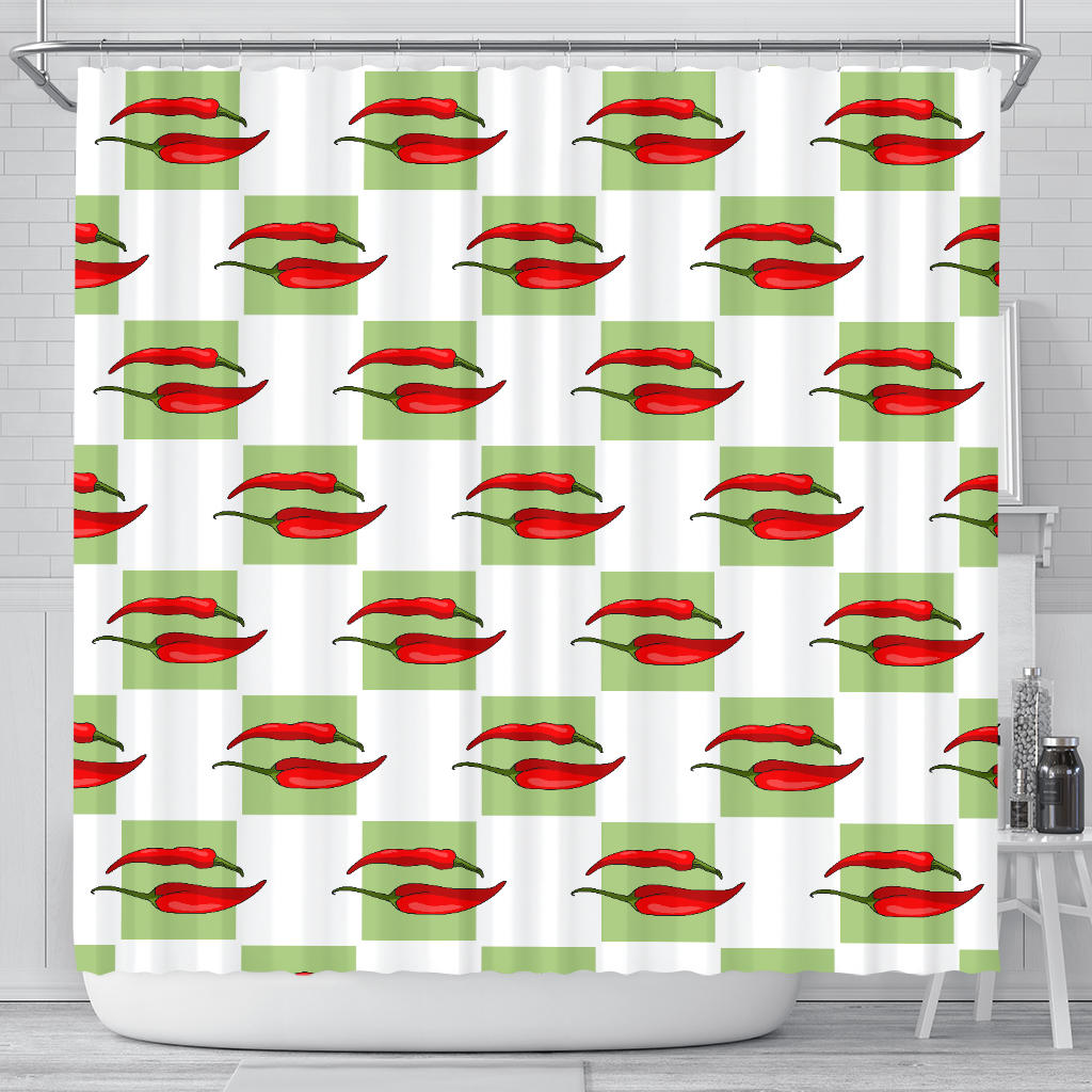 Red Chili Pattern Green White background Shower Curtain Fulfilled In US