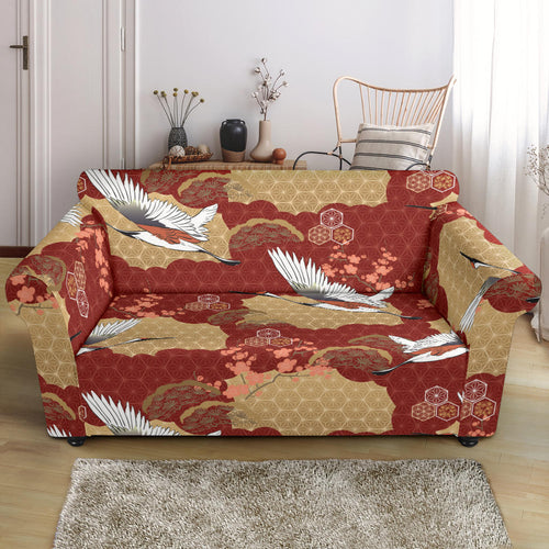 Japanese Crane Theme Pattern Loveseat Couch Slipcover