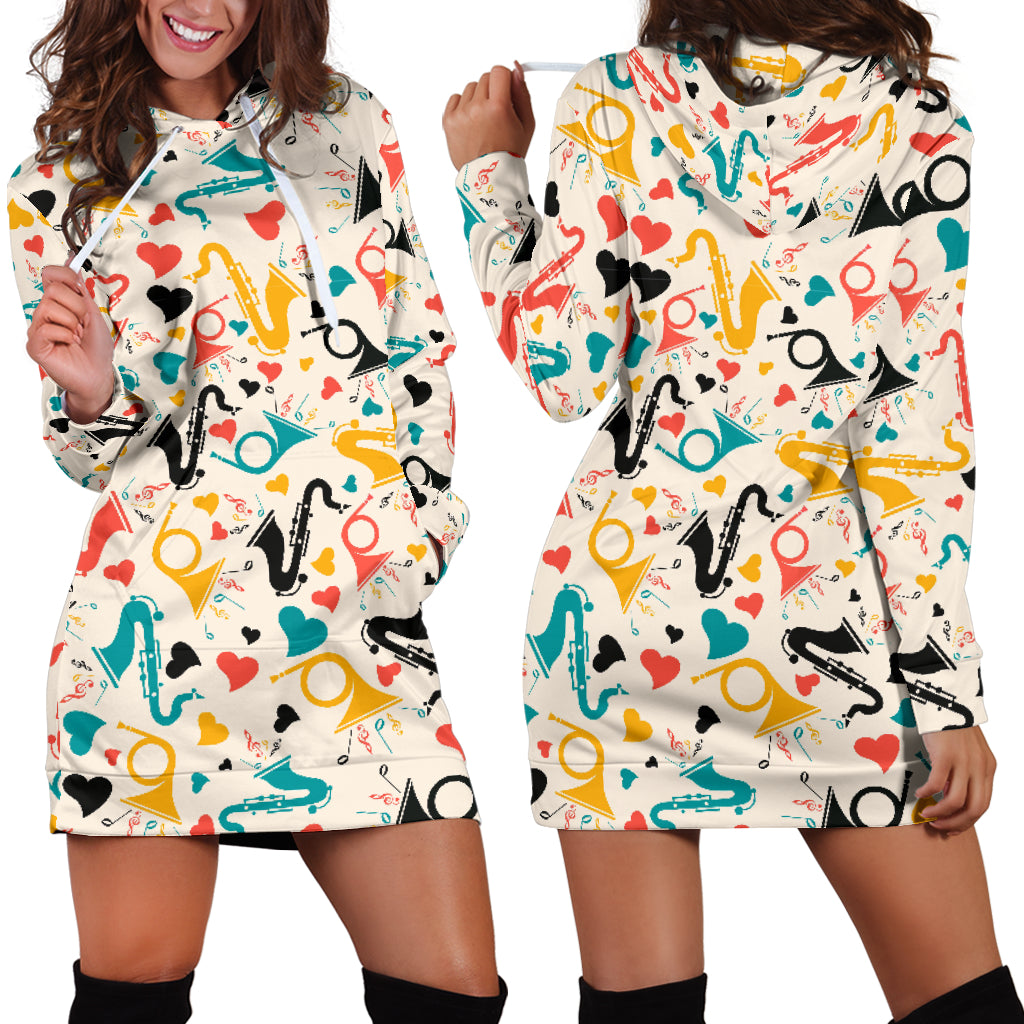 Saxophone Pattern Background Women Hoodie Dress