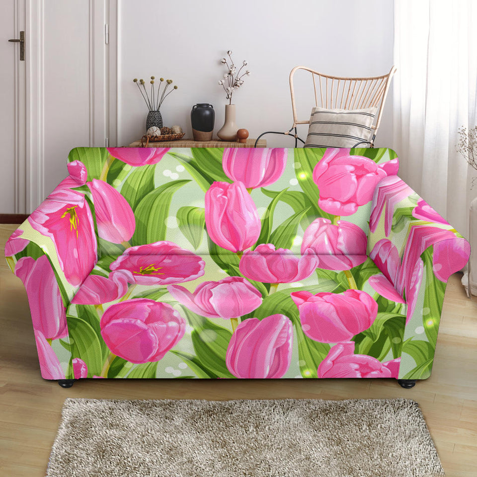 Pink Tulip Pattern Loveseat Couch Slipcover