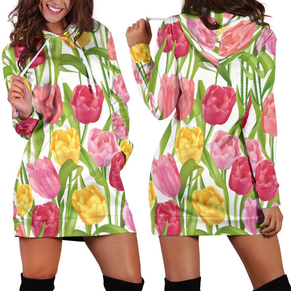 Pink Red Yellow Tulip Pattern Women Hoodie Dress