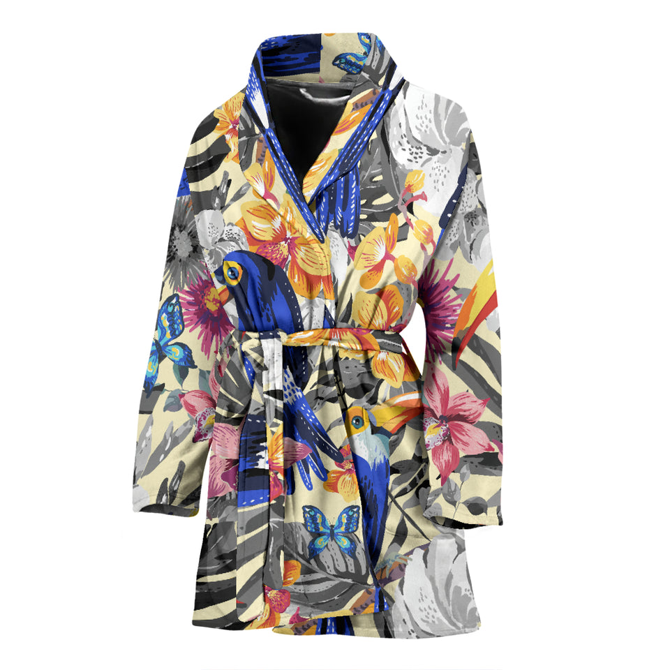 Toucan Leaves Flower Pattern Women Bathrobe