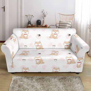 Cute Shiba Inu Heart Pattern Loveseat Couch Slipcover
