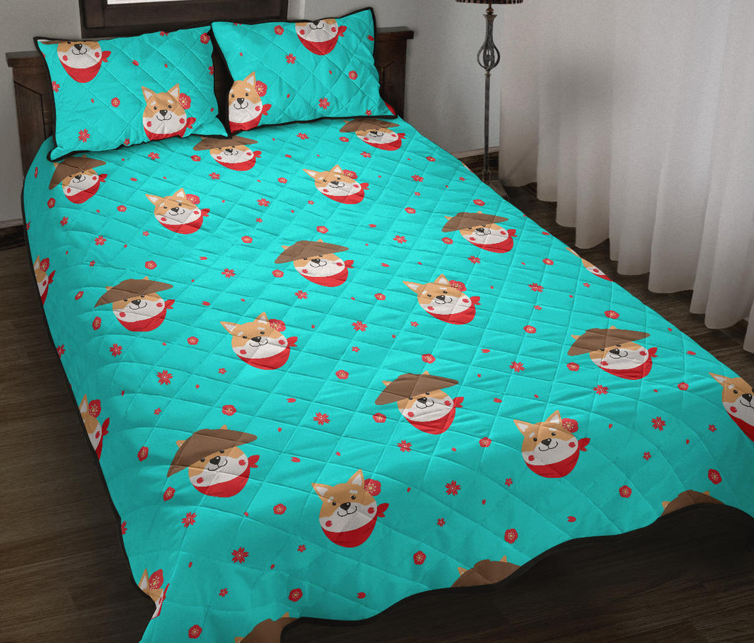 Shiba Inu Japanese Hat Pattern Quilt Bed Set