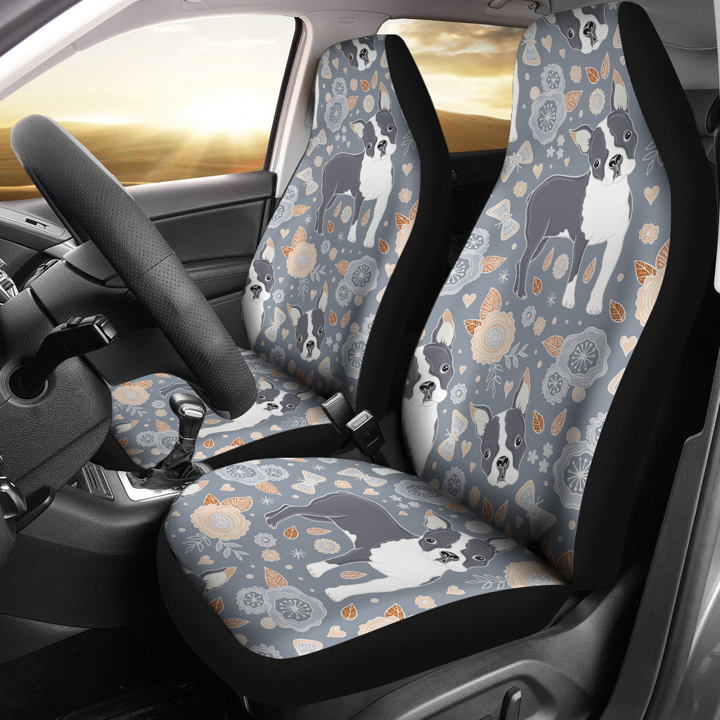 Boston Terrier Flower Pattern Gray Background Universal Fit Car Seat Covers