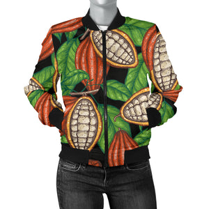 Cocoa Leaves Pattern Women Bomber Jacket