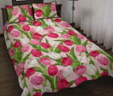 Pink White Tulip Pattern Quilt Bed Set