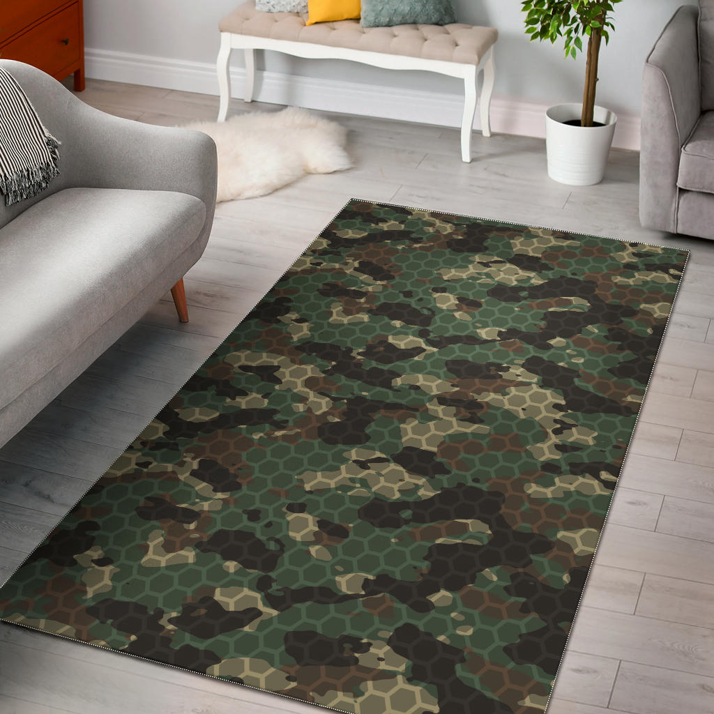 Green Camo Camouflage Honeycomb Pattern Area Rug