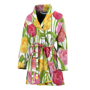 Pink Red Yellow Tulip Pattern Women Bathrobe