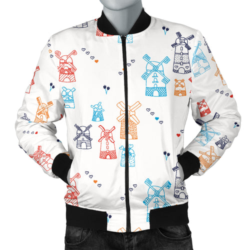 Hand Drawn Windmill Pattern Men Bomber Jacket