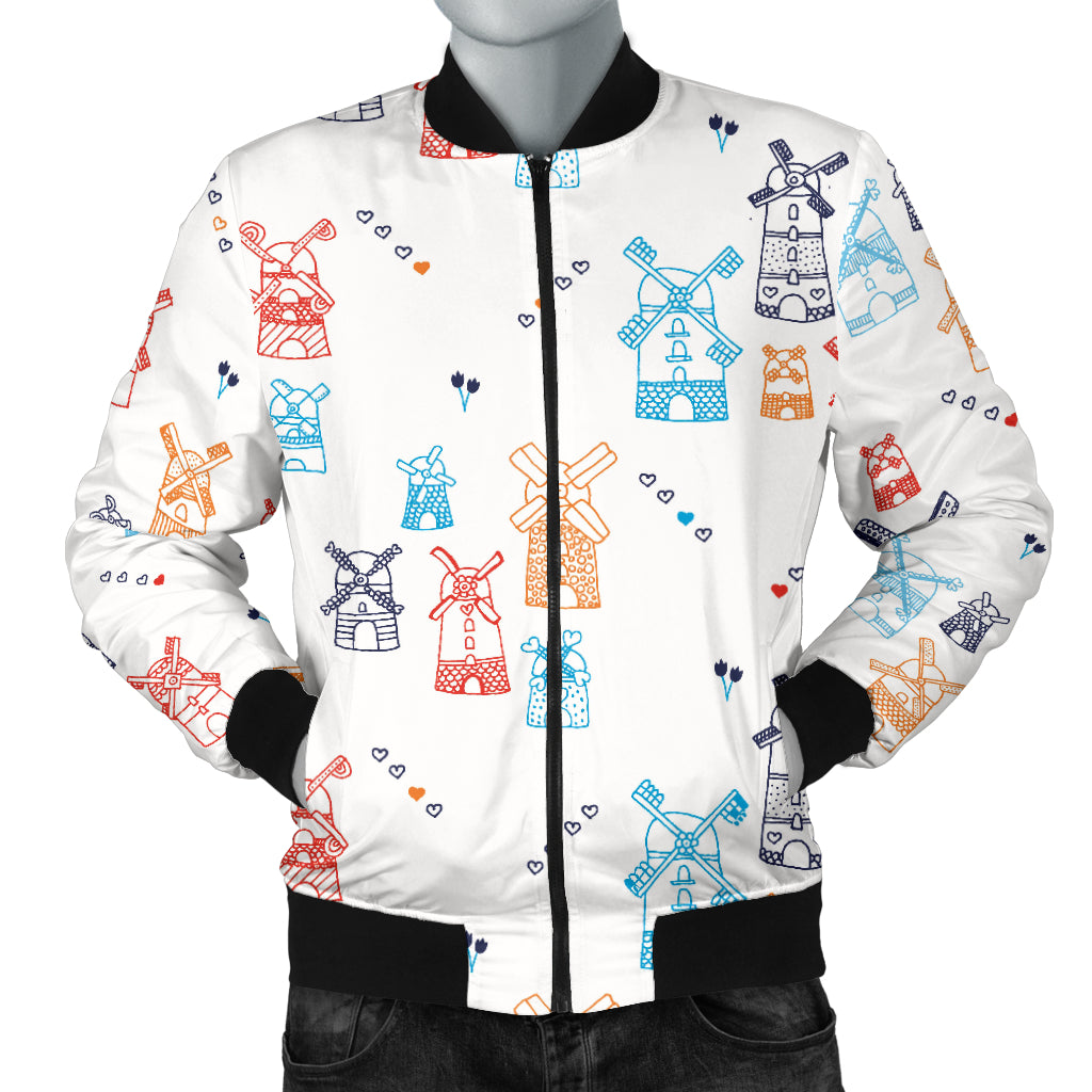 Hand Drawn Windmill Pattern Men Bomber Jacket