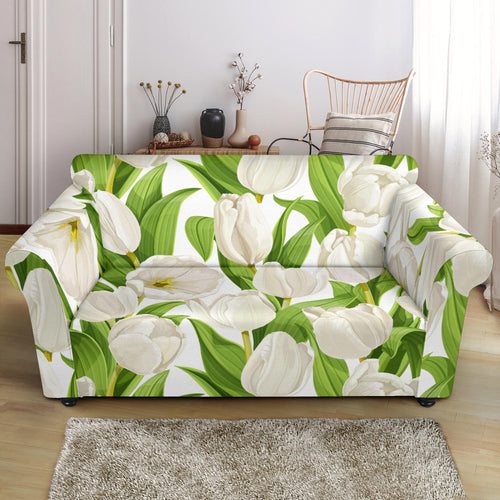 White Tulip Pattern Loveseat Couch Slipcover