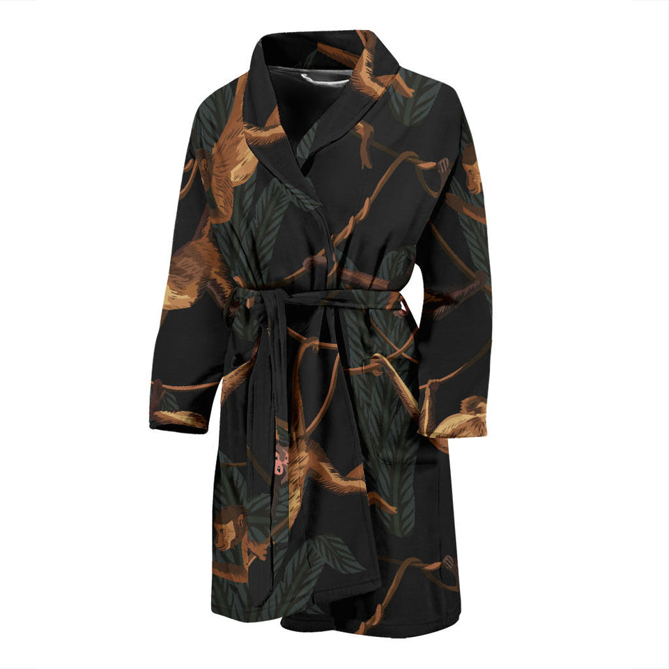Monkey Pattern Black Background Men Bathrobe