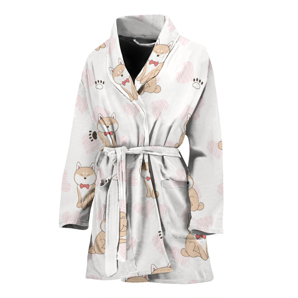 Cute Shiba Inu Heart Pattern Women Bathrobe