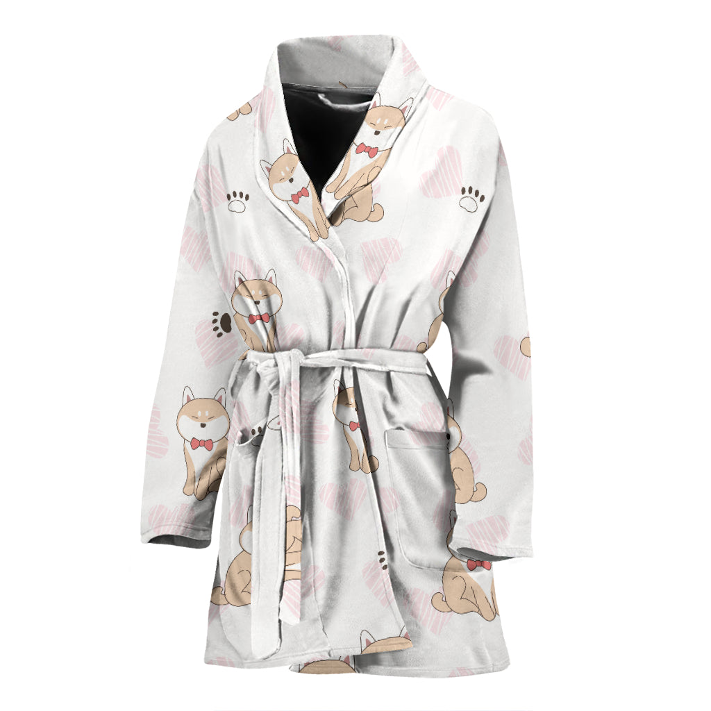 Cute Shiba Inu Heart Pattern Women Bathrobe