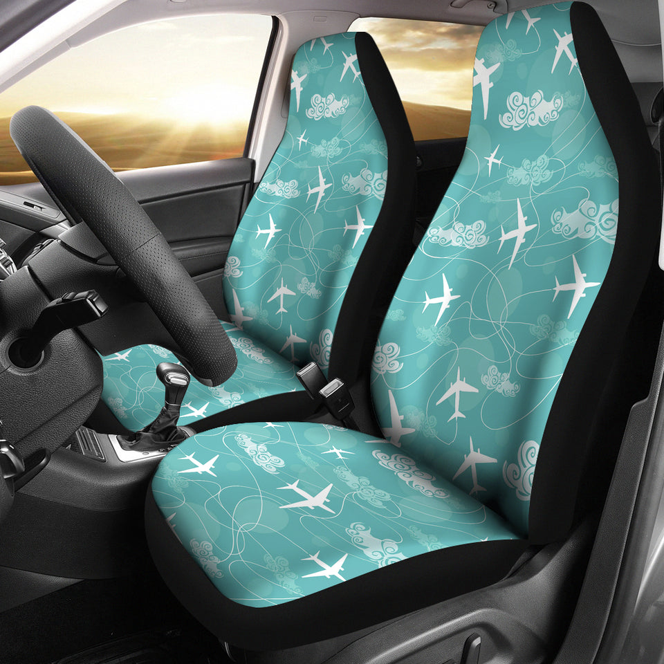 Airplane Cloud Pattern Green Background Universal Fit Car Seat Covers