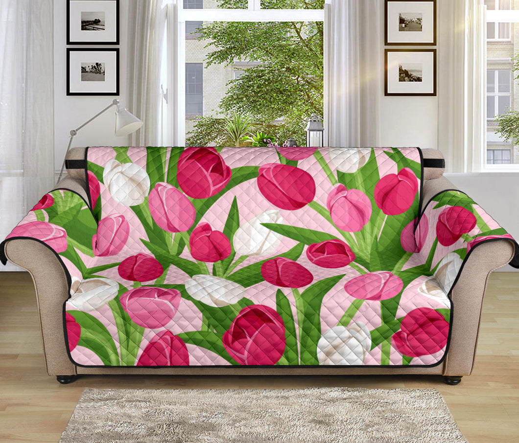 Pink White Tulip Pattern Sofa Cover Protector