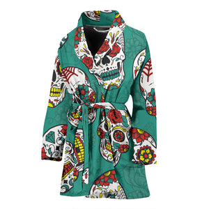Suger Skull Pattern Green Background Women Bathrobe