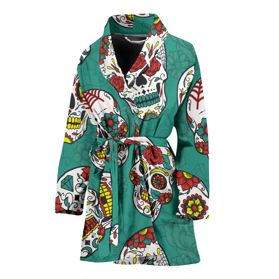 Suger Skull Pattern Green Background Women Bathrobe