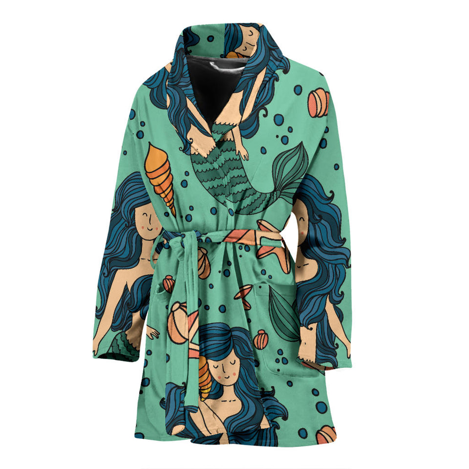 Mermaid Pattern Green Background Women Bathrobe