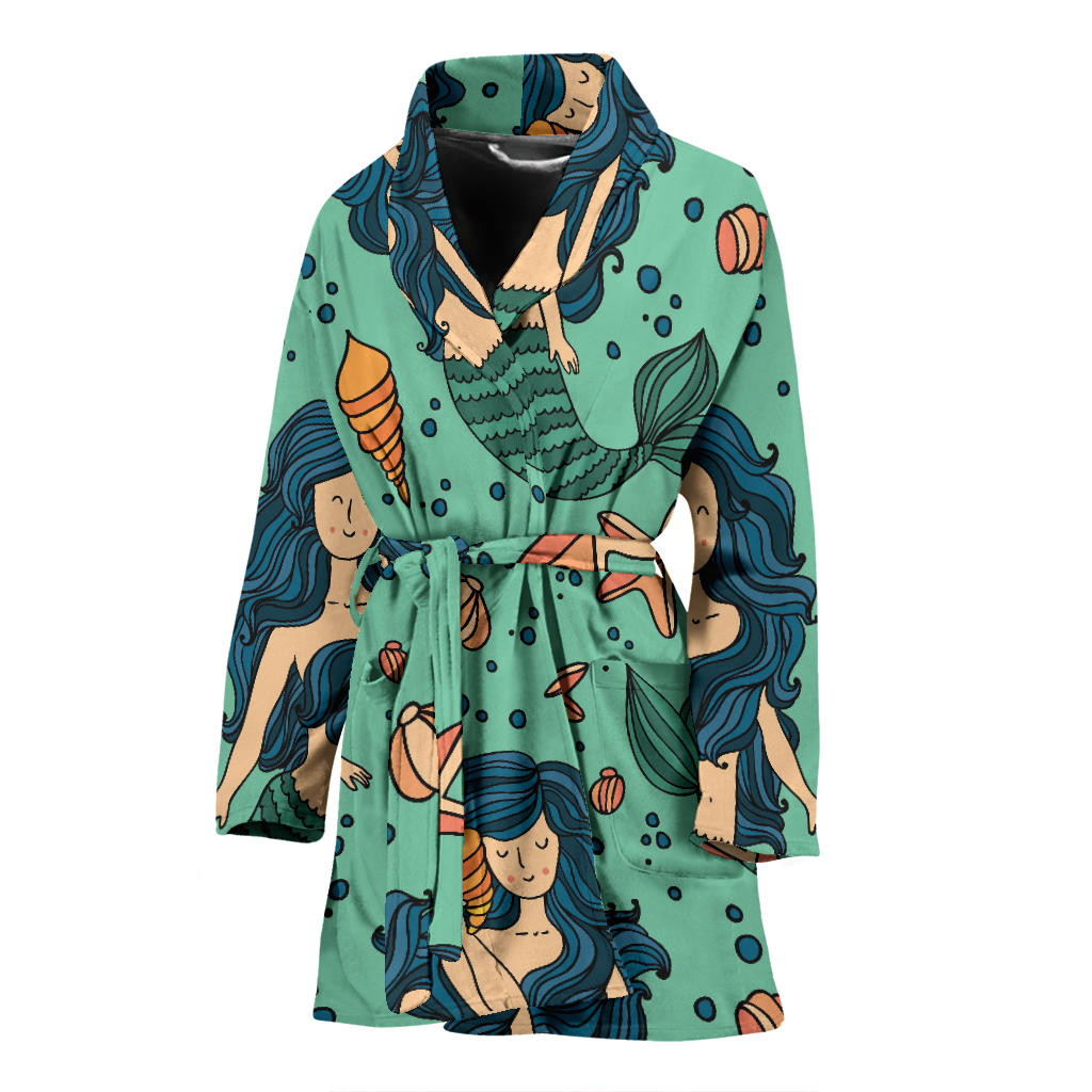 Mermaid Pattern Green Background Women Bathrobe