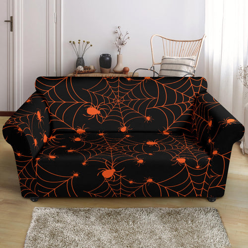 Orange Cobweb Spider Web Pattern Loveseat Couch Slipcover