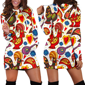 Colorful Rooster Chicken Guitar Pattern Women Hoodie Dress